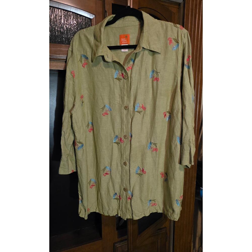 Hearts of Palm  18W green buttonup Linen Rayon blend Flamingo  blouse